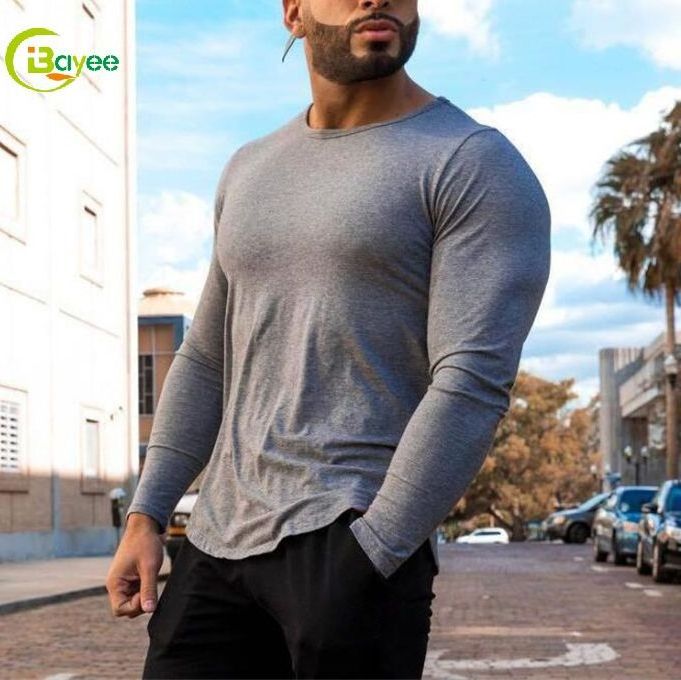 Custom Logo Dropshipping Sportswear Casual Plus Size Long Sleeve Men Highly Elastic Cotton Fit Training Muscle Gym T Shirt