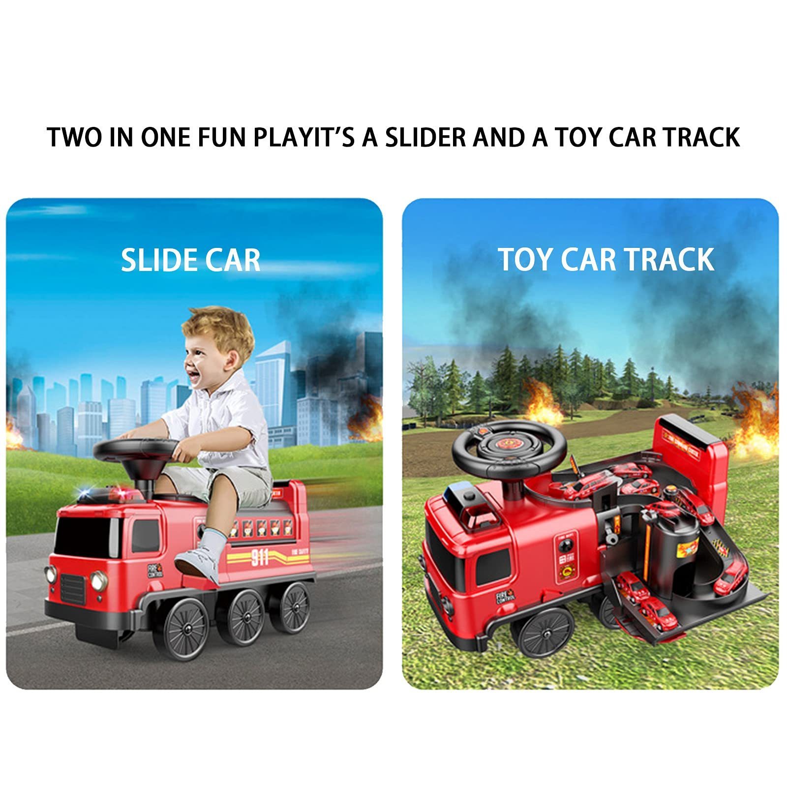 2 in 1 Fire Truck Ride on Car Toys Race Track Toy Sets Adventures Racing Firefighting for Kids Toddler Gifts