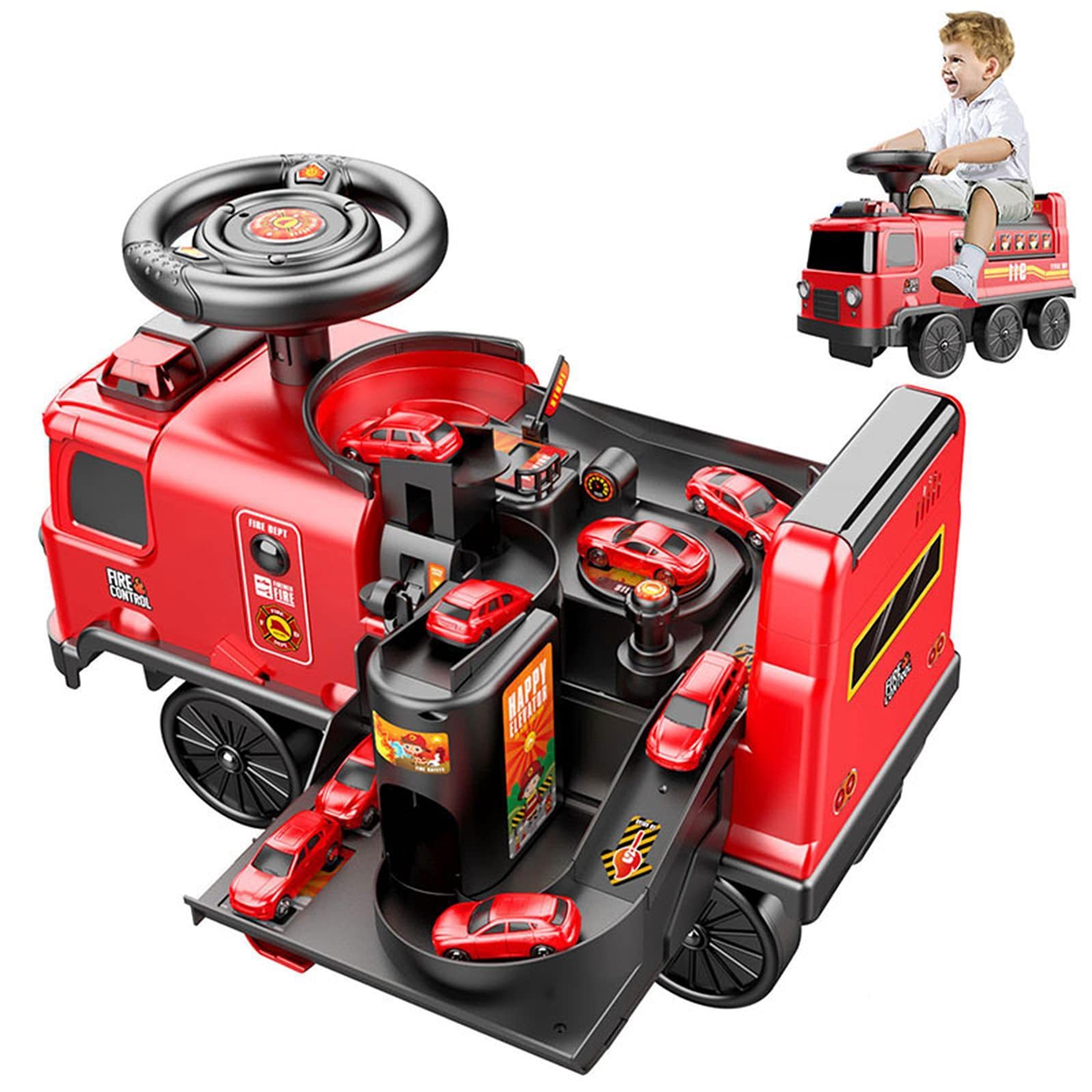 2 in 1 Fire Truck Ride on Car Toys Race Track Toy Sets Adventures Racing Firefighting for Kids Toddler Gifts