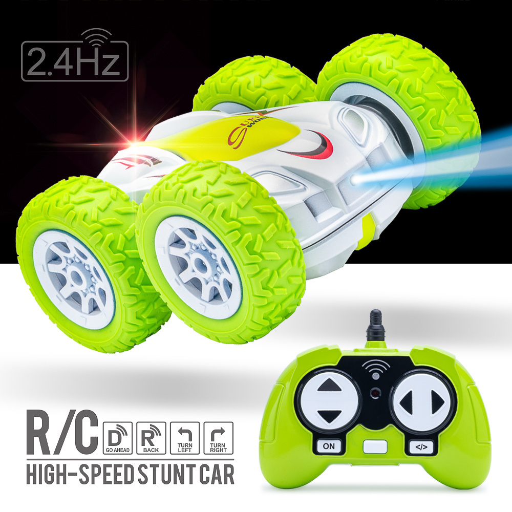 Rc Green Stunt Car Remote Control Off Road 4wd 2.4ghz Rechargeable Car Toys Double Sided Rotating 360 Degree Mini Stunt Car