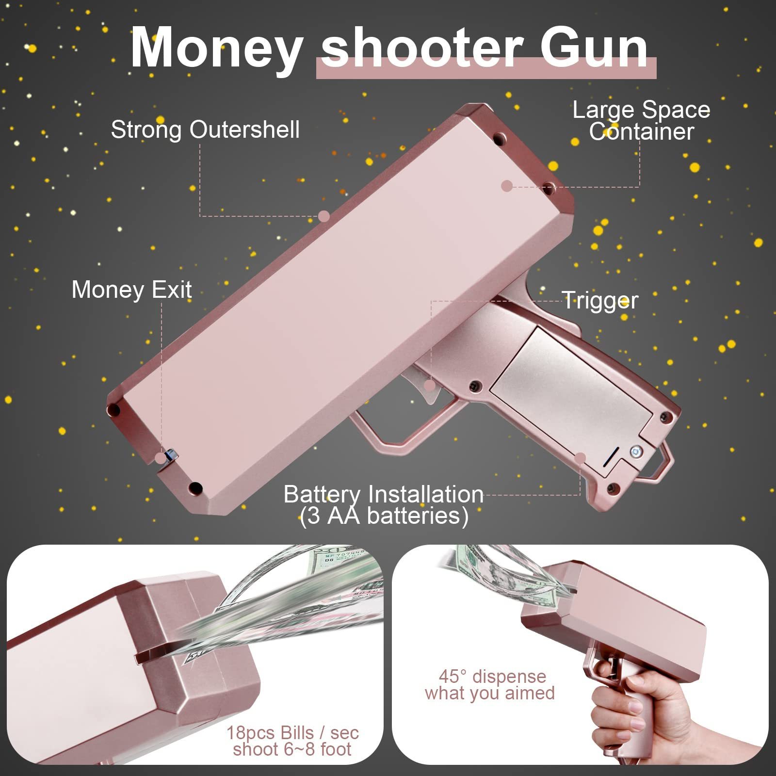 Blank Pink Money Gun Shooter Fake Money Dollar Bills Playing Gun Movie Prop Real Paper Money With Party Nightclub Gun Toy