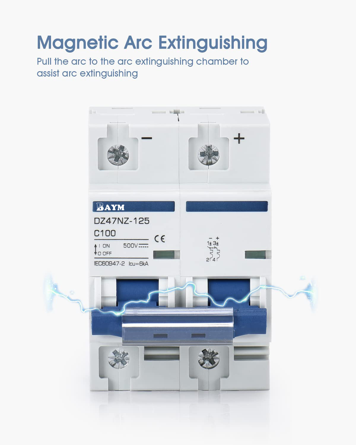 125 Amp DC 500V MCB Miniature Circuit Breaker 2P (16A 25A 32A 63A 100A 125A) Short Circuit Protection Disconnect Switch