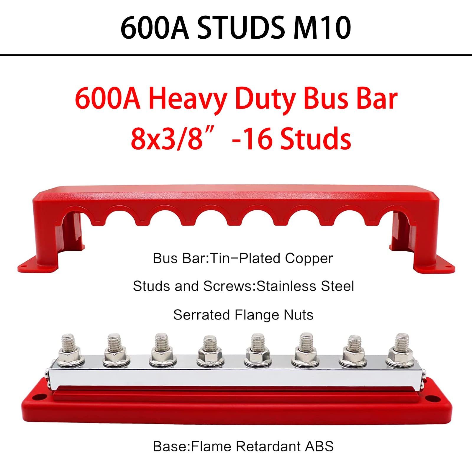 600A Bus Bar Heavy Duty Power Distribution Block 48V DC Busbar Box with 8 x M10(3/8