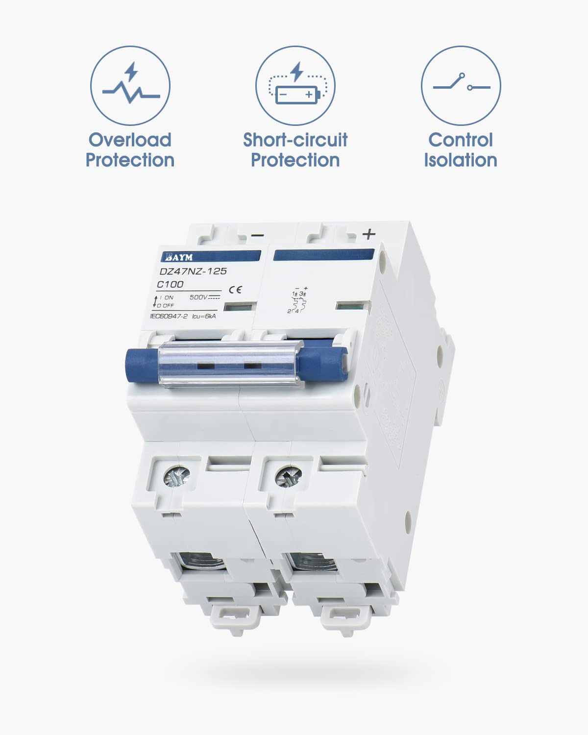 125 Amp DC 500V MCB Miniature Circuit Breaker 2P (16A 25A 32A 63A 100A 125A) Short Circuit Protection Disconnect Switch