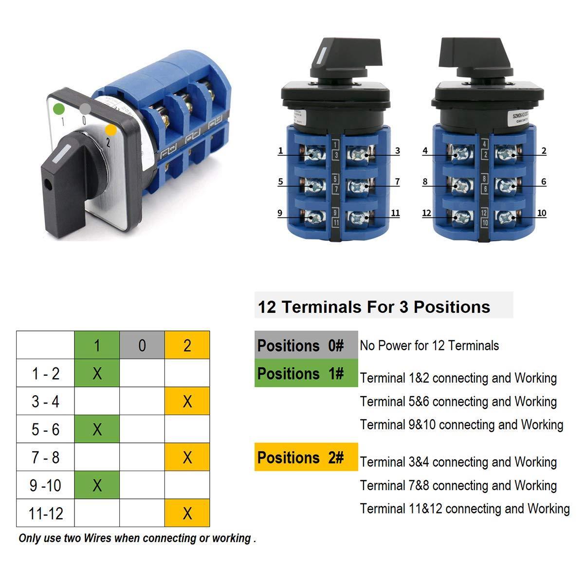 BAYM 3 Positions On-Off-On Changeover Control Rotary Cam Switch 20A CA10-20A 3P 1-0-2 UI 660V