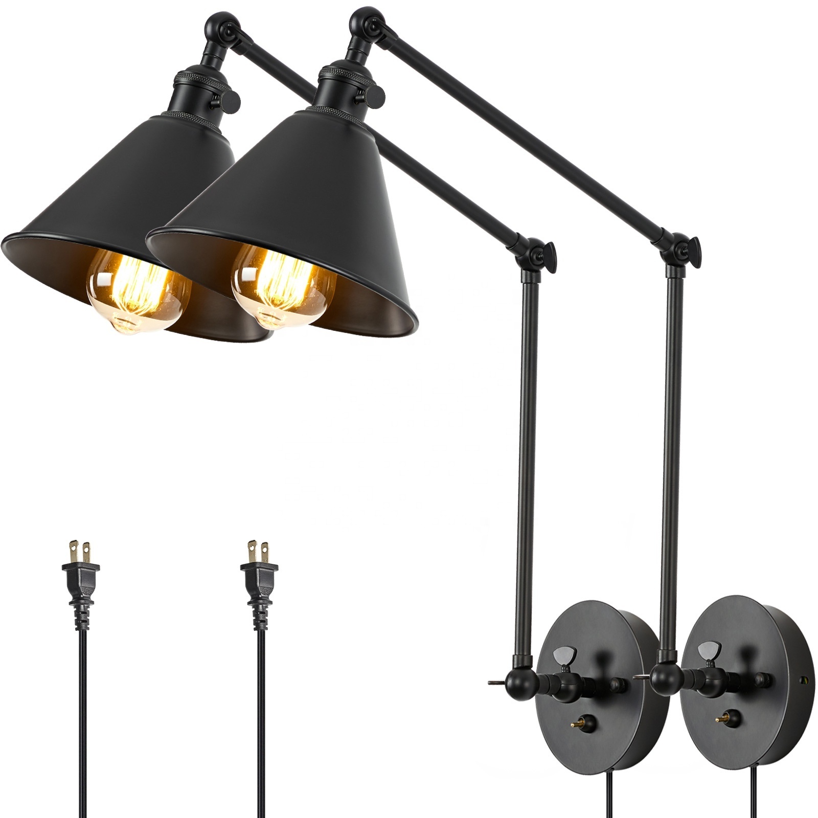 One piece dropshipping brass black 2 pack with Switch Swing Arm Wall Lamp Plug in Mounted Light Sconces