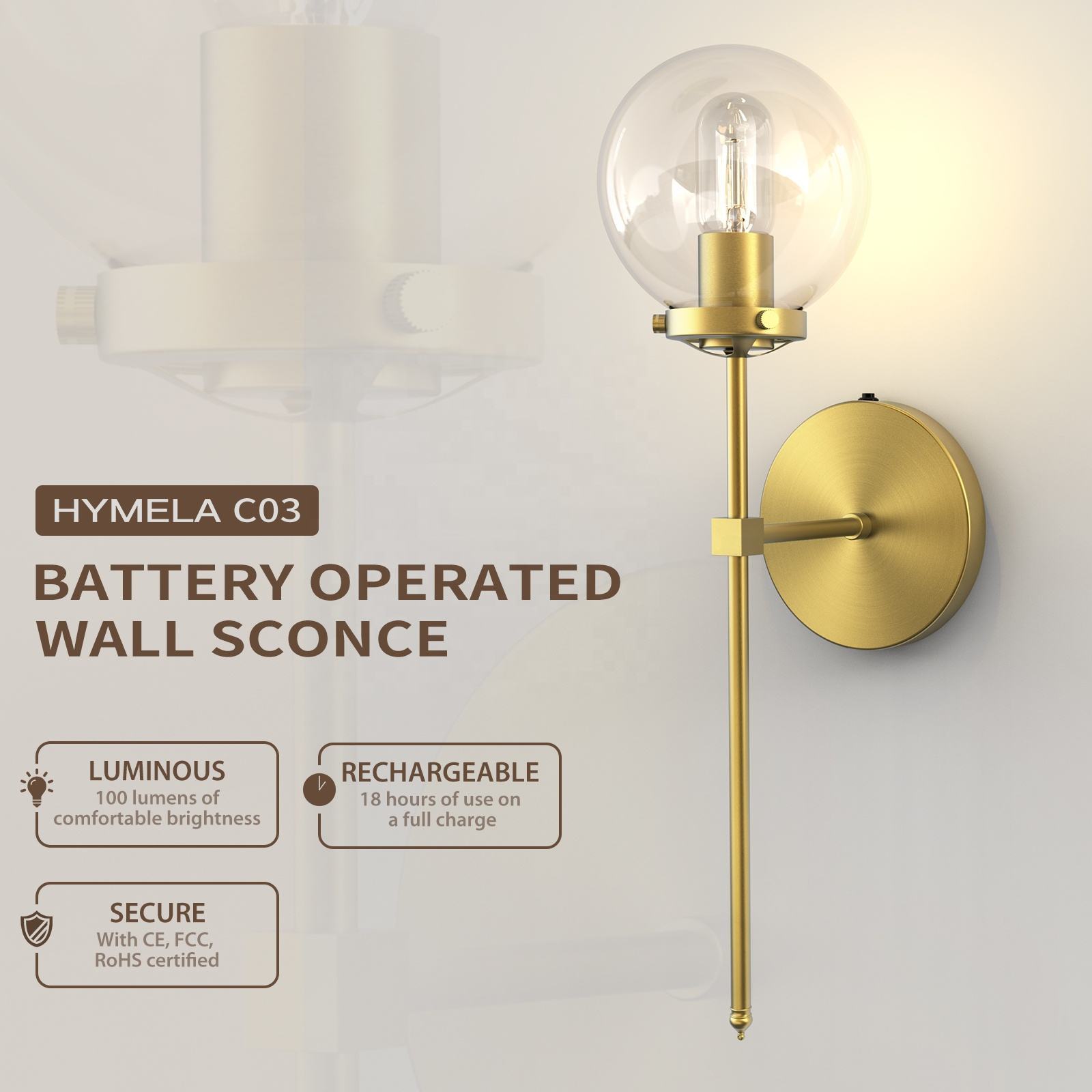 Modern Glass Globe Hanging Light Wall Sconce Lamp Rechargeable Battery Operated Light Wireless with Bulb