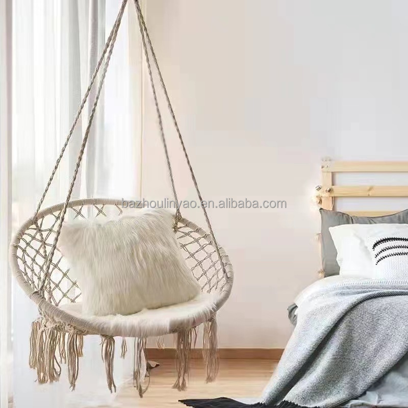 Handmade Woven Swing Indoor Hanging Basket Chair Outdoor Hammock Hanging Chair Swing Cotton Rope Macrame Hanging Chair