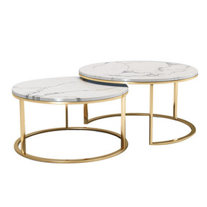 Hot Sale Light Luxury Nordic Living Room Sofa Side Gold Metal Nesting table Set White Marble Top Round Nest Coffee Tea Table