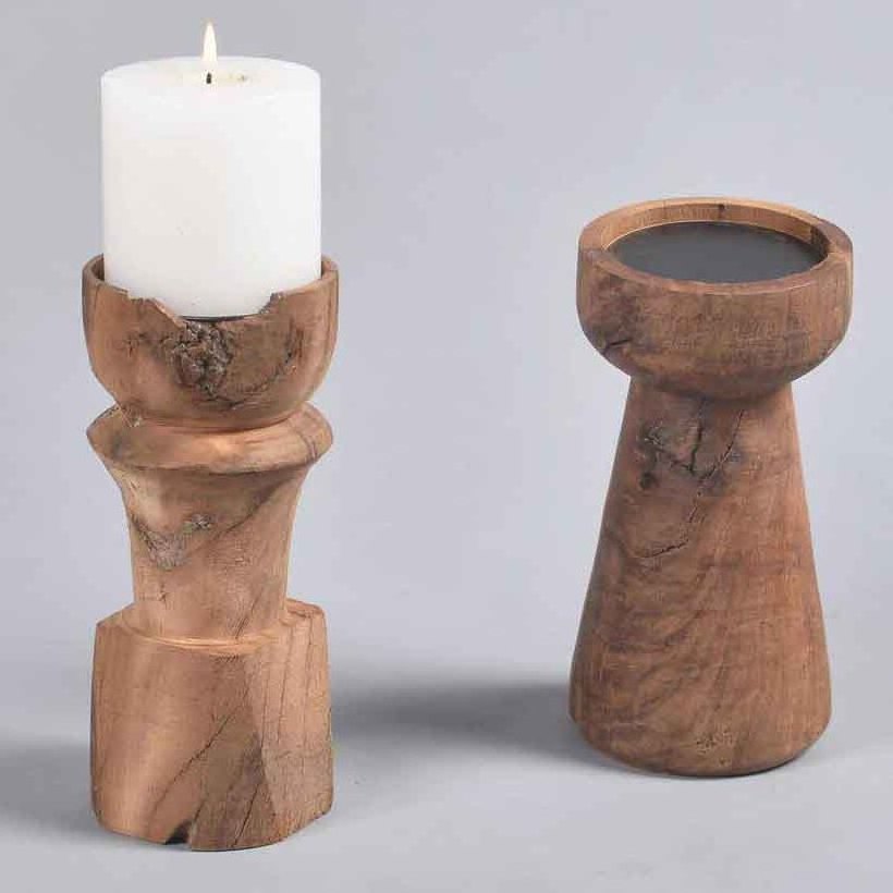 Handmade Wooden Candle Stands for Wedding Decor Unique Style Dinner Table Top Acacia Wood Candle Holder Set of 2 for Lightning