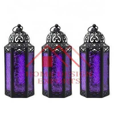 Latest Moroccan Hanging Lamp Lantern for Wedding Decor & Table Centerpiece Metal Antique Black Purple Embossed  Candle Lantern