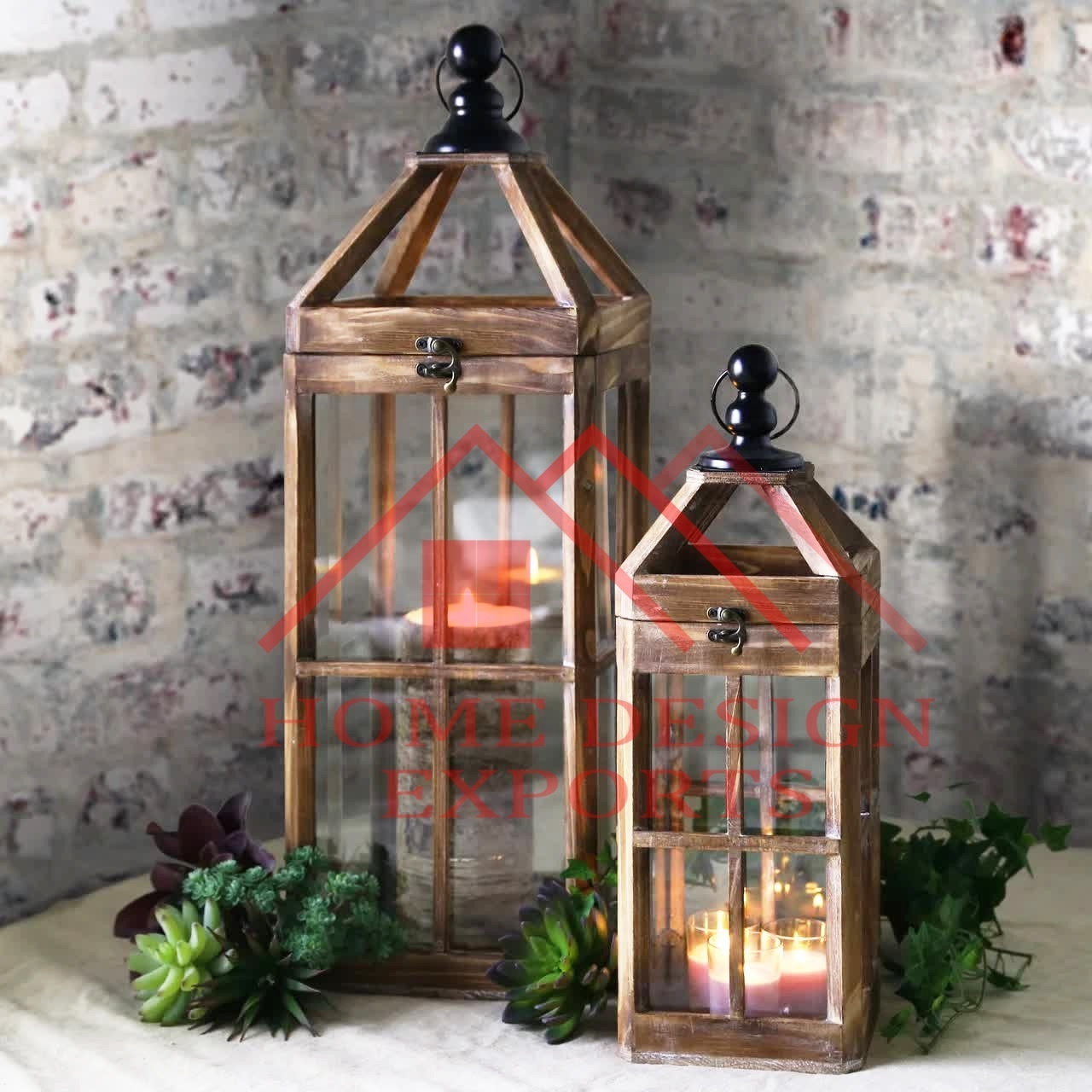 Square 2 Piece Wood Lantern Set of 2 for Wedding Decor Mango Wood Outdoor Hanging Candle Lantern for Wedding & Home Decor