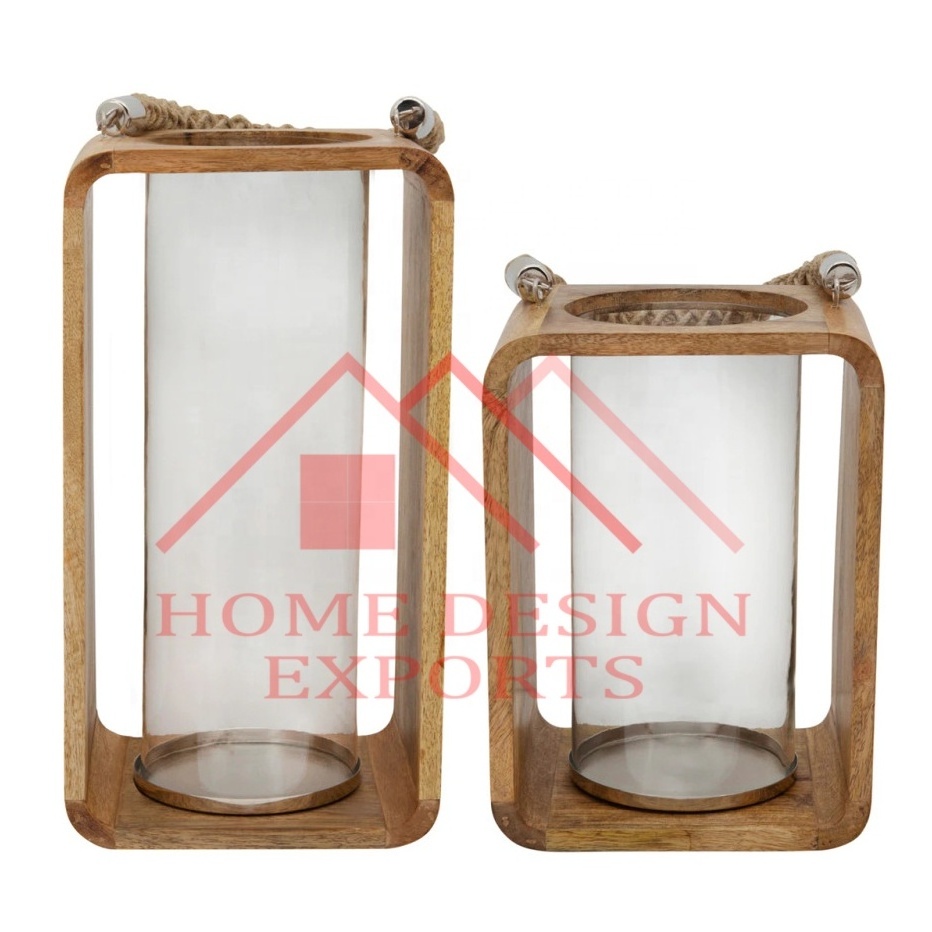 Square 2 Piece Wood Lantern Set of 2 for Wedding Decor Mango Wood Outdoor Hanging Candle Lantern for Wedding & Home Decor