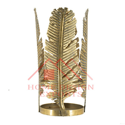 Iron Palm Leaf Hurricane Candle Holder for Events Decor High Quality Antique Gold Leaf Candle Holder Votive for Table Top Decor