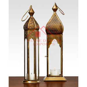 Ramadan Antique Gold Hanging Lantern for Table Top Living Room Decorations Antique Gold Moroccan Candle Lantern for Sale