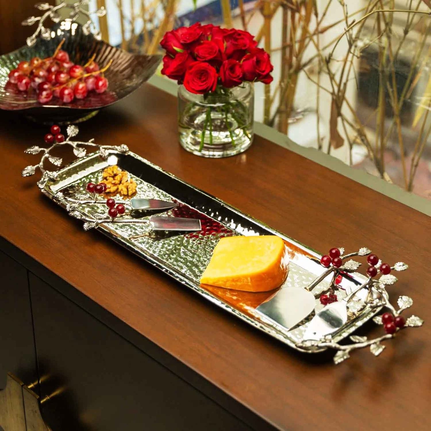 Leaf Handle Rustic Wooden Tray for Table Centerpieces Decor