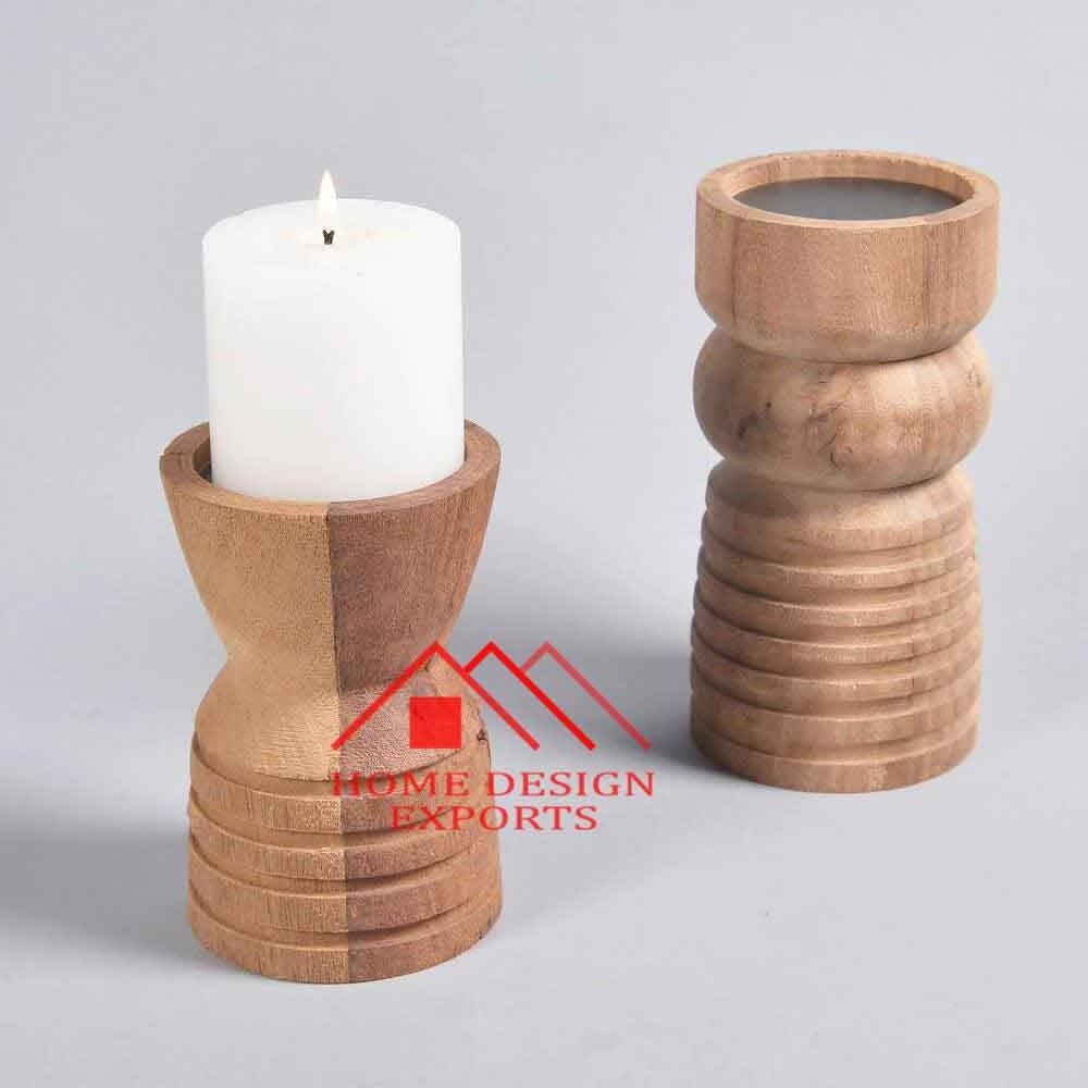 Handmade Wooden Candle Stands for Wedding Decor Unique Style Dinner Table Top Acacia Wood Candle Holder Set of 2 for Lightning