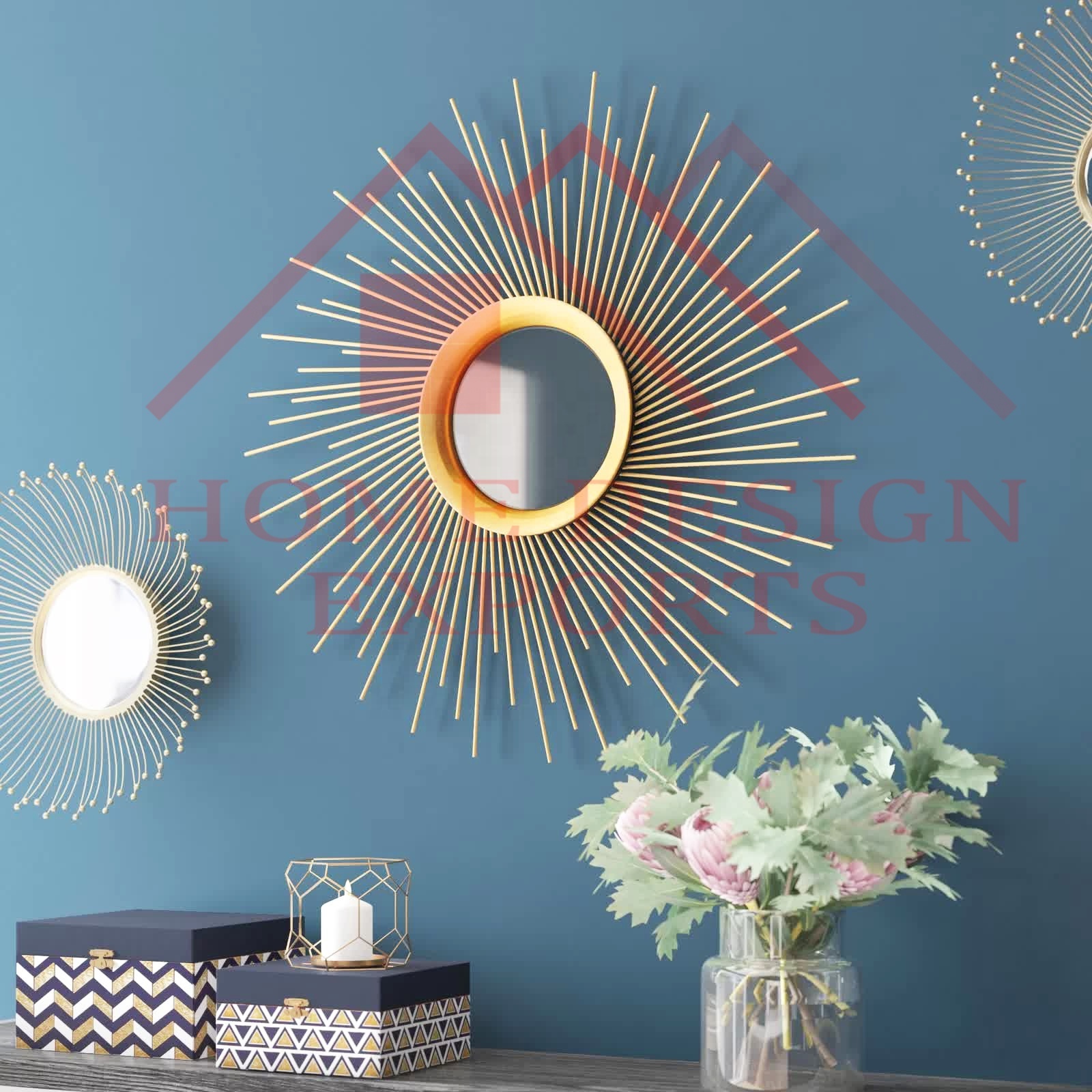 Gold Finished Sunburst Wall Mirror for Office Decor and Bedroom Decor Metal Wired Abstract Design Bathroom Wall Decor Mirror