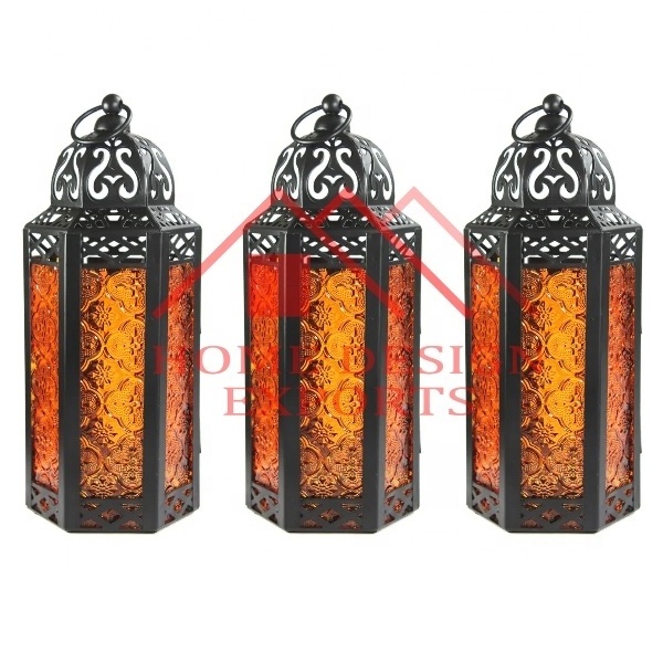 Latest Moroccan Hanging Lamp Lantern for Wedding Decor & Table Centerpiece Metal Antique Black Purple Embossed  Candle Lantern