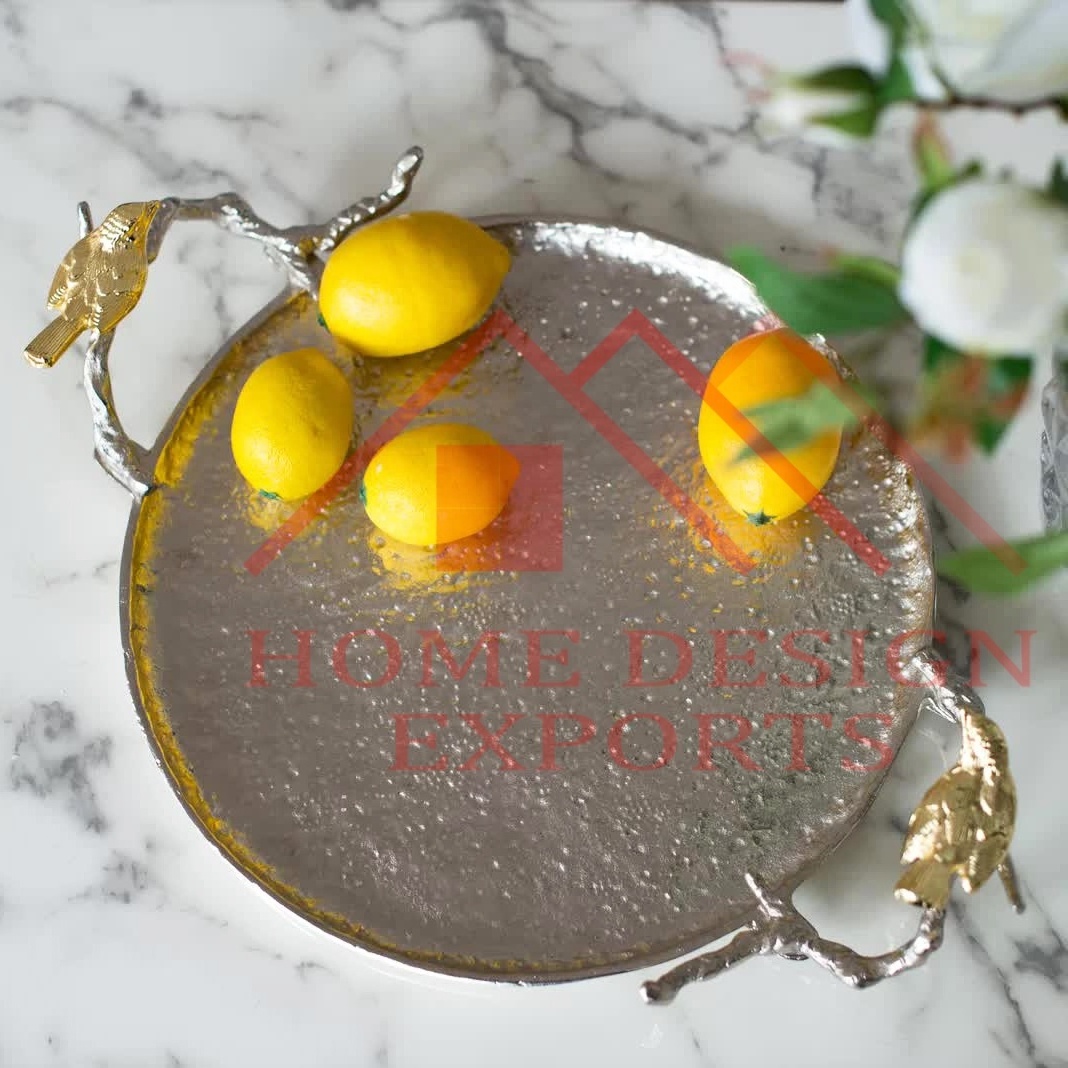 Brass Antique Aluminium Decorative Serving Tray/Unique Gold Antique Aluminium Fruits Serving Tray with Birds Handle/Barware Tray