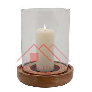 Round Wooden Hurricane Candle Stands for Events Decor High Quality Table Top Wooden Hurricane Candle Holder with Glass Votive