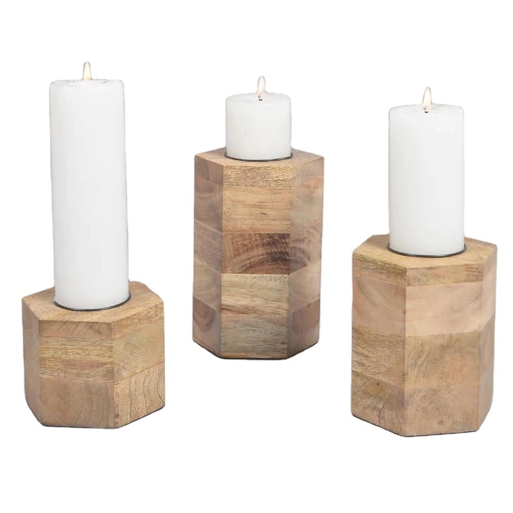 Handmade Wooden Candle Stands for Wedding Decor Unique Style Dinner Table Top Acacia Wood Candle Holder Set of 2 for Lightning