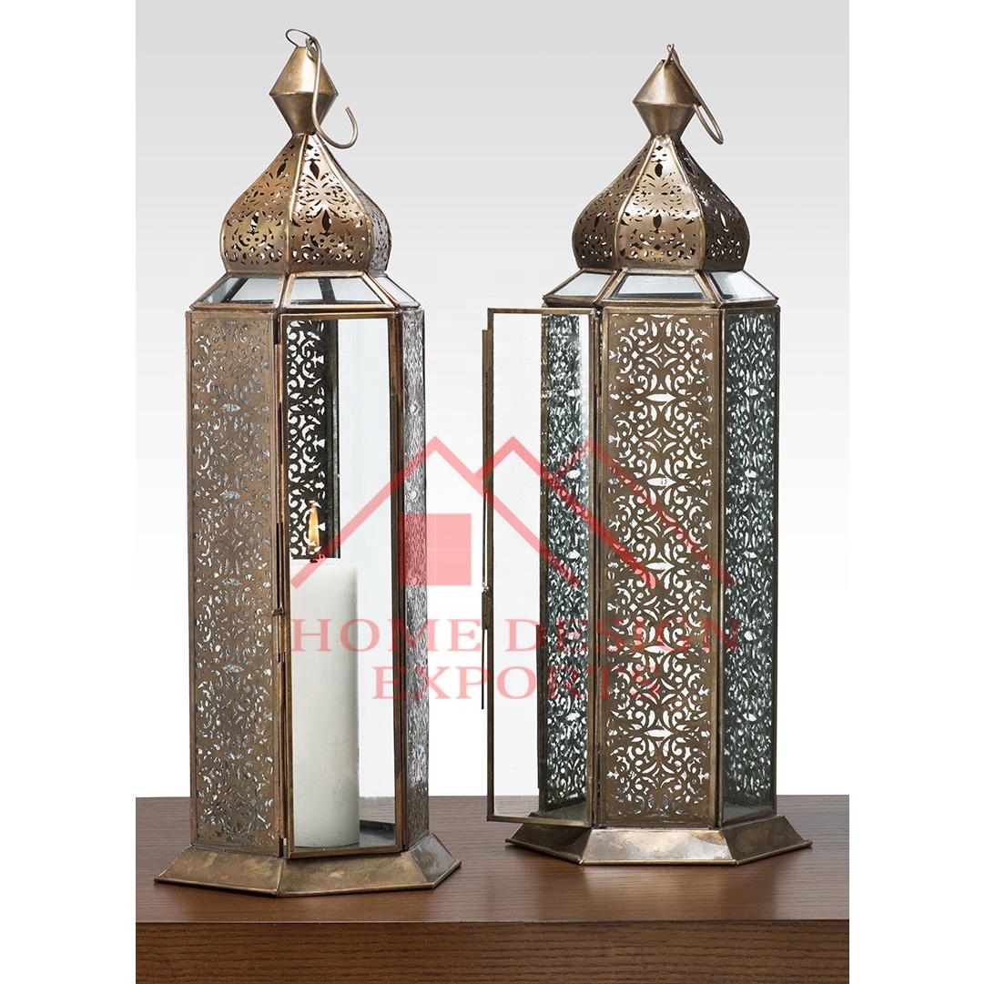 Ramadan Antique Gold Hanging Lantern for Table Top Living Room Decorations Antique Gold Moroccan Candle Lantern for Sale