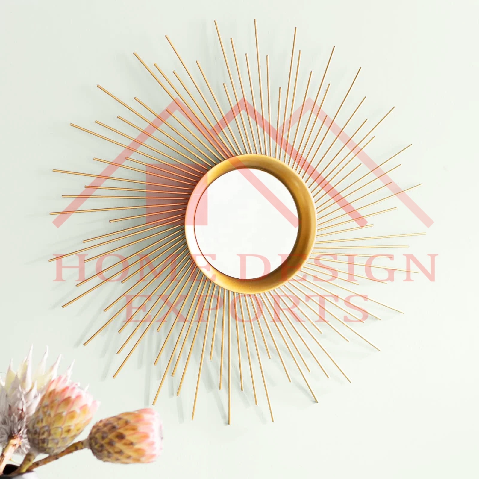 Gold Finished Sunburst Wall Mirror for Office Decor and Bedroom Decor Metal Wired Abstract Design Bathroom Wall Decor Mirror