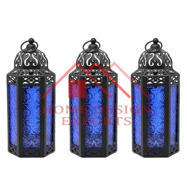 Latest Moroccan Hanging Lamp Lantern for Wedding Decor & Table Centerpiece Metal Antique Black Purple Embossed  Candle Lantern