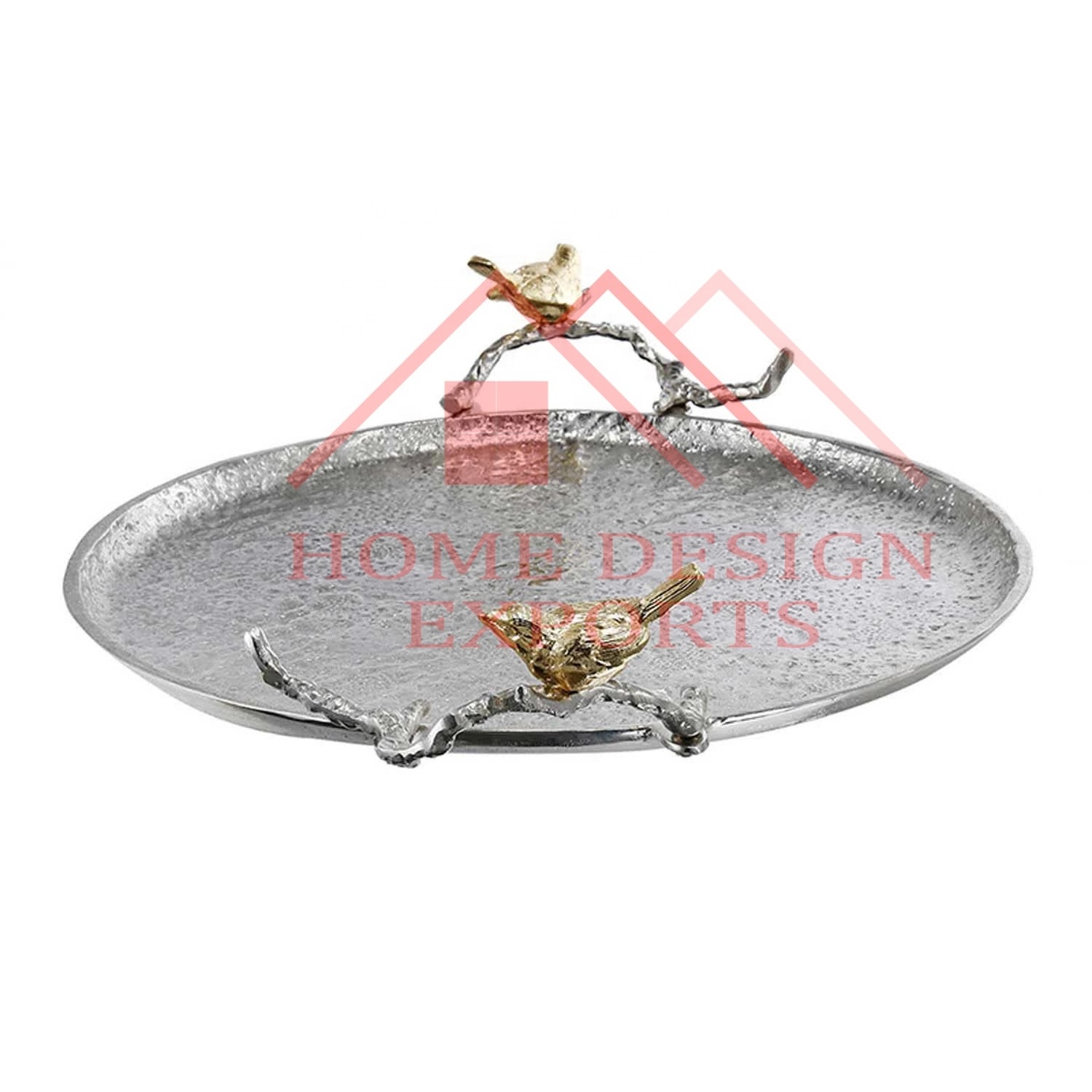 Brass Antique Aluminium Decorative Serving Tray/Unique Gold Antique Aluminium Fruits Serving Tray with Birds Handle/Barware Tray