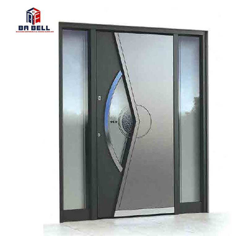 Entrance front steel door long handle house pull push security metal main door with tempered glass