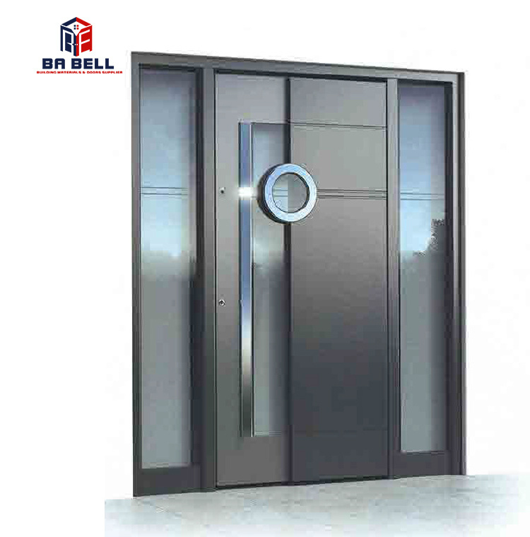 Entrance front steel door long handle house pull push security metal main door with tempered glass