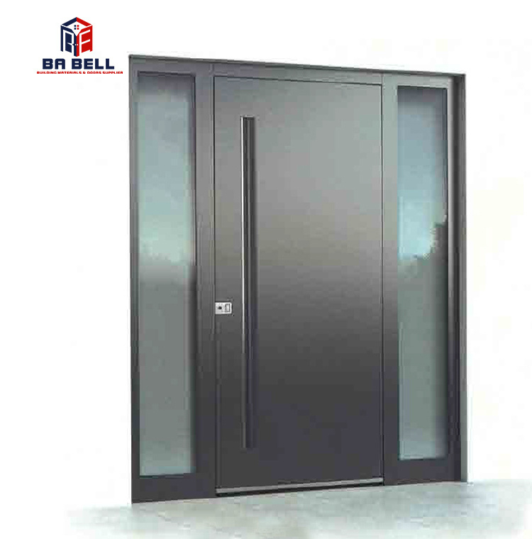 Entrance front steel door long handle house pull push security metal main door with tempered glass