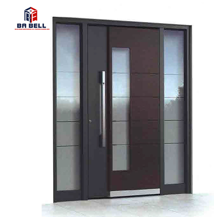 Entrance front steel door long handle house pull push security metal main door with tempered glass