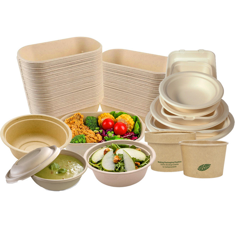 Custom 500ml 750ml 32oz eco biodegradable compostable disposable soak proof noodle meal sugarcane bagasse salad bowls with lid