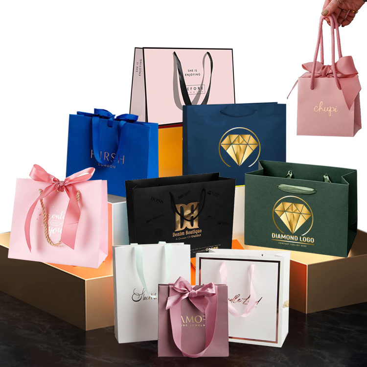 Wholesale retail custom logo white small luxury Jewelry Clothing paperbag favor wedding door paper gift bag with ribbon handles