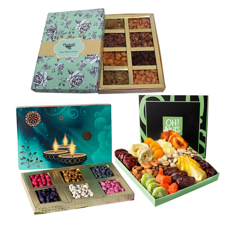 Custom logo printed decorative wedding chocolate packaging box diwali dried fruit empty packing for dry fruit gift paper box