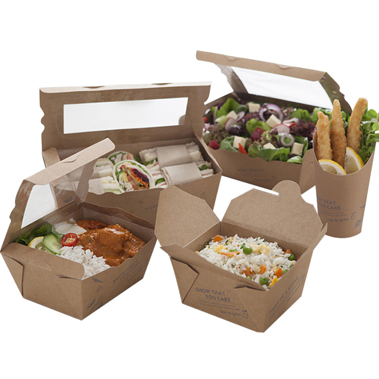 Catering recycle packaging wax coated brown kraft corrugated compostable paper food grade box with window