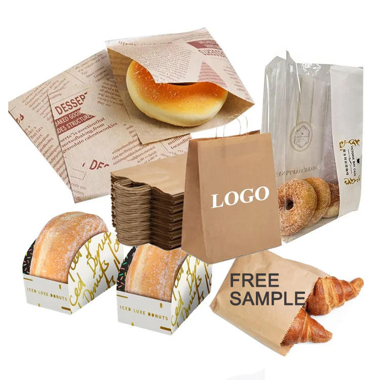 Custom Printed Logo Restaurant Food takeaway For Small Toast Bakery Baguette Croissant Bread Donuts Kraft Paper Packaging Bag