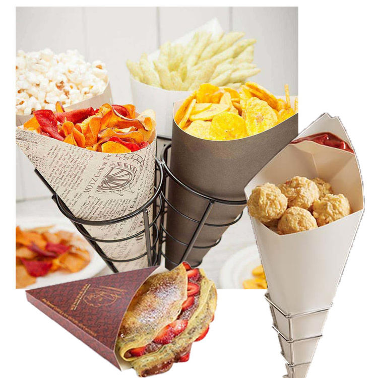 Hot Sale Paper Waffle Holder Packaging Pizza Box French Fry Bubble Waffle Holder Ice Cream Cup Triangle Crepe Cone For Takeaway