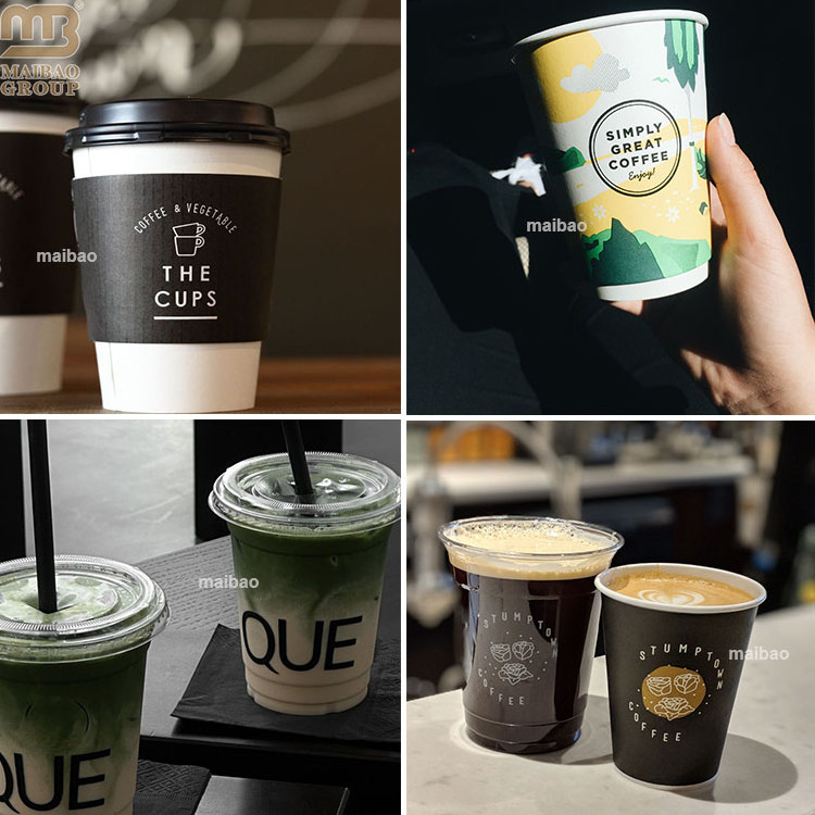 Custom logo 8oz 14oz biodegradable black double layer paper cups takeaway plastic juice coffee packaging cup with lid sleeve