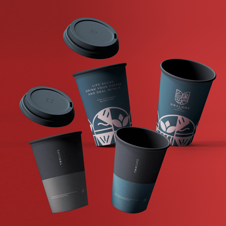 Custom logo 8oz 14oz biodegradable black double layer paper cups takeaway plastic juice coffee packaging cup with lid sleeve