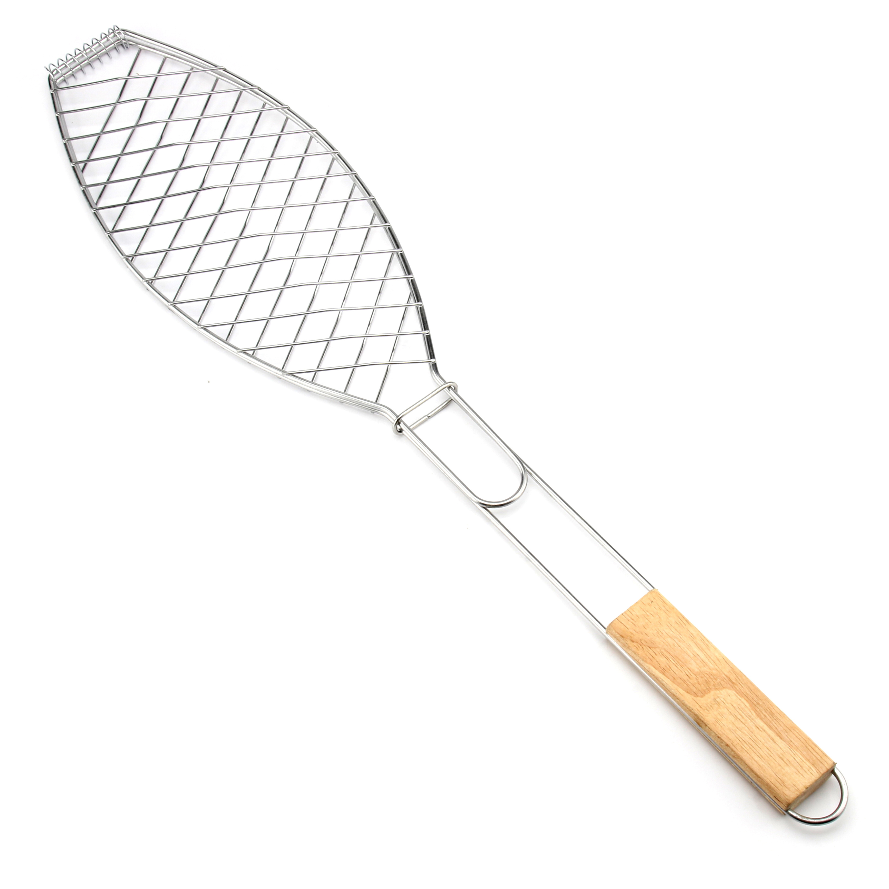 BQ-1176A-R Single Salad Fish Shaped BBQ Grill Net Barbecue Fish Grilling Basket With Wooden Handle