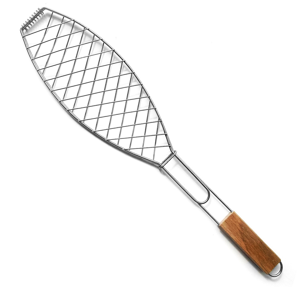 BQ-1176A-R Single Salad Fish Shaped BBQ Grill Net Barbecue Fish Grilling Basket With Wooden Handle