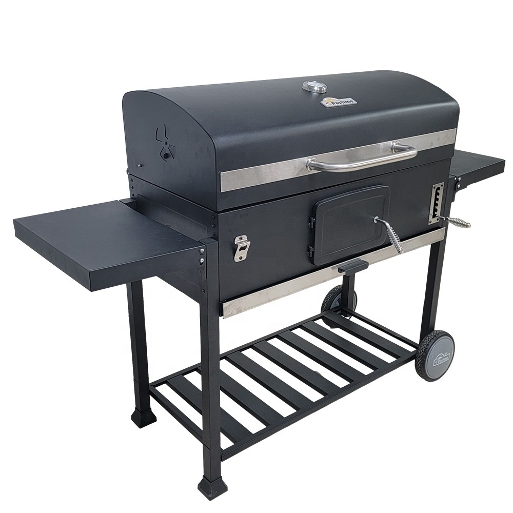 XXXL Adjustable height Charcoal BBQ Grill Trolley Barbeque Smoker Barbecue Grill with double cast round pizza pan