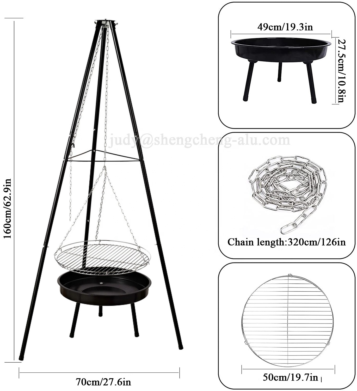 Outdoor Barbecue Tripod Charcoal BBQ Grill with Fire Pit Adjustable Hanging Chain Grill grate Port