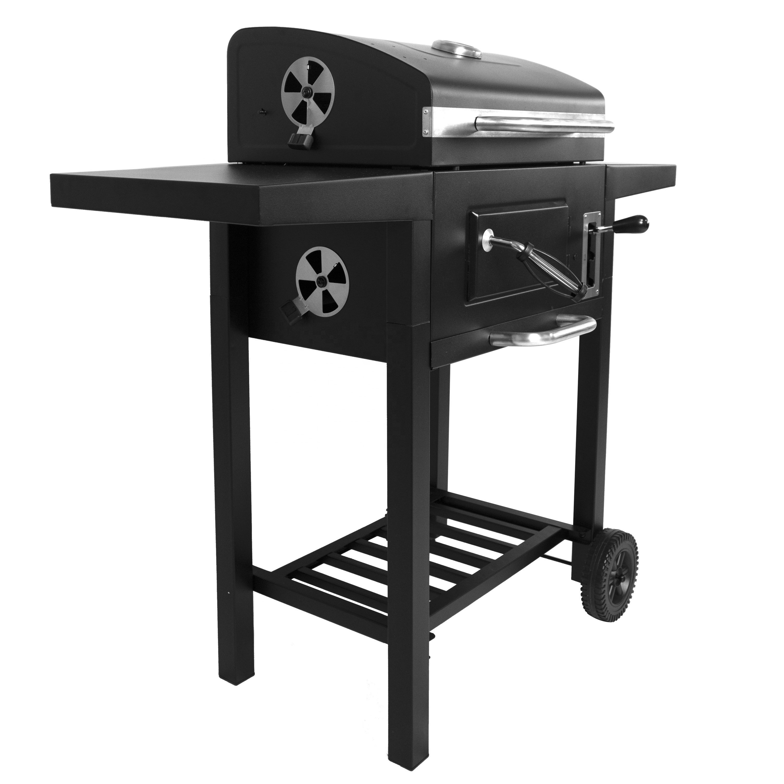 BBQ Trolley Charcoal Barbecue Grill Outdoor Patio Garden with Side Trays and Storage Shelf Steel Flambe Trolley Powder Coated