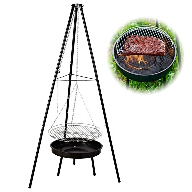 Outdoor Barbecue Tripod Charcoal BBQ Grill with Fire Pit Adjustable Hanging Chain Grill grate Port