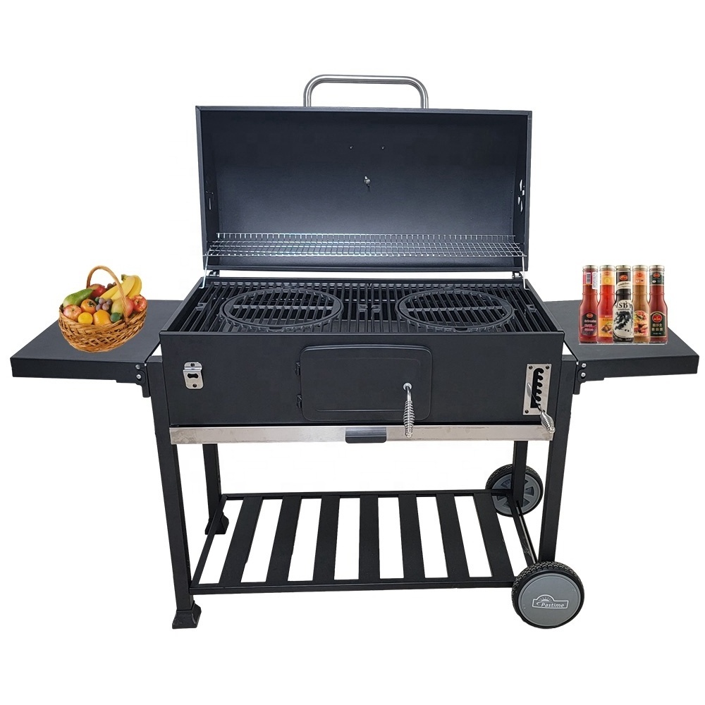 XXXL Adjustable height Charcoal BBQ Grill Trolley Barbeque Smoker Barbecue Grill with double cast round pizza pan