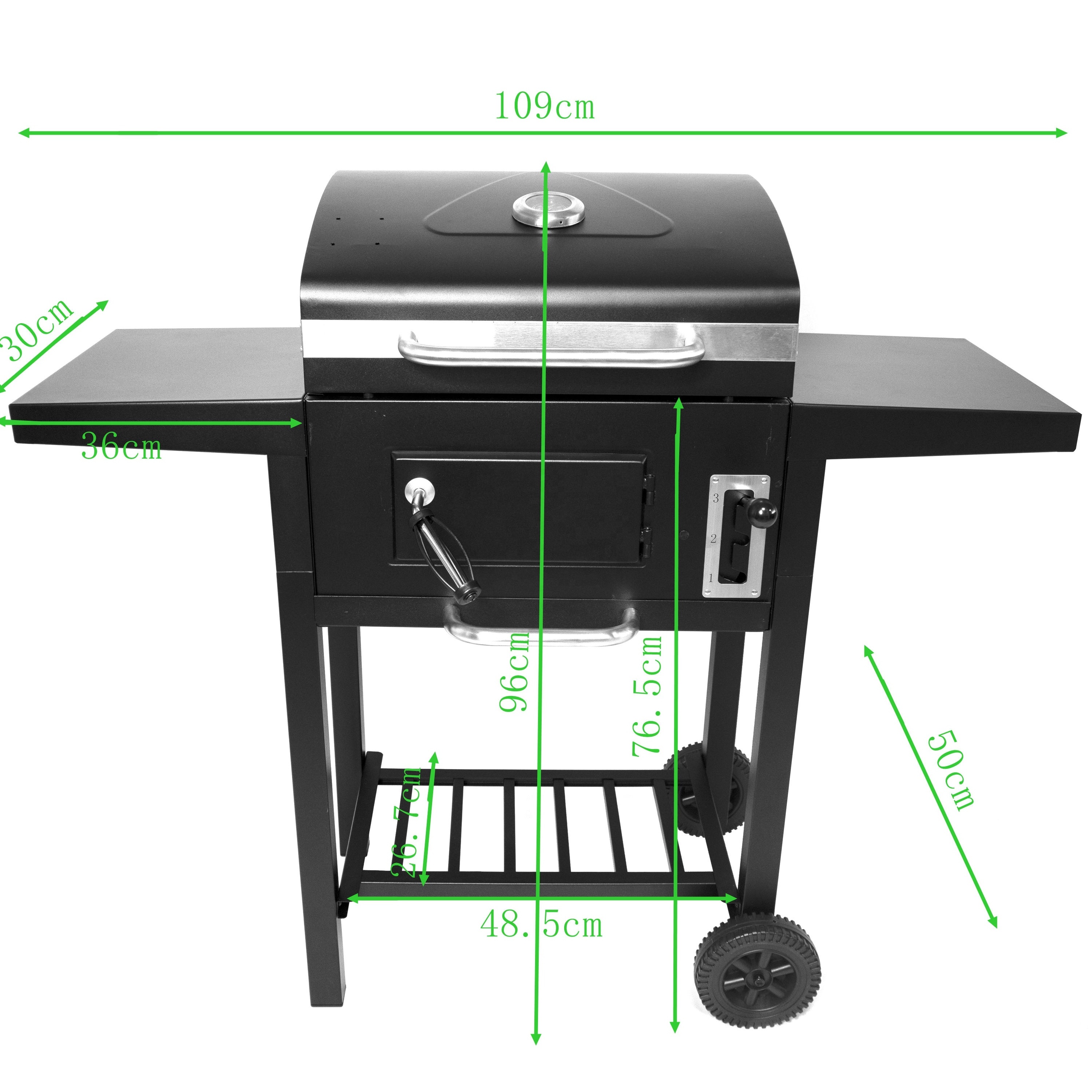 BBQ Trolley Charcoal Barbecue Grill Outdoor Patio Garden with Side Trays and Storage Shelf Steel Flambe Trolley Powder Coated